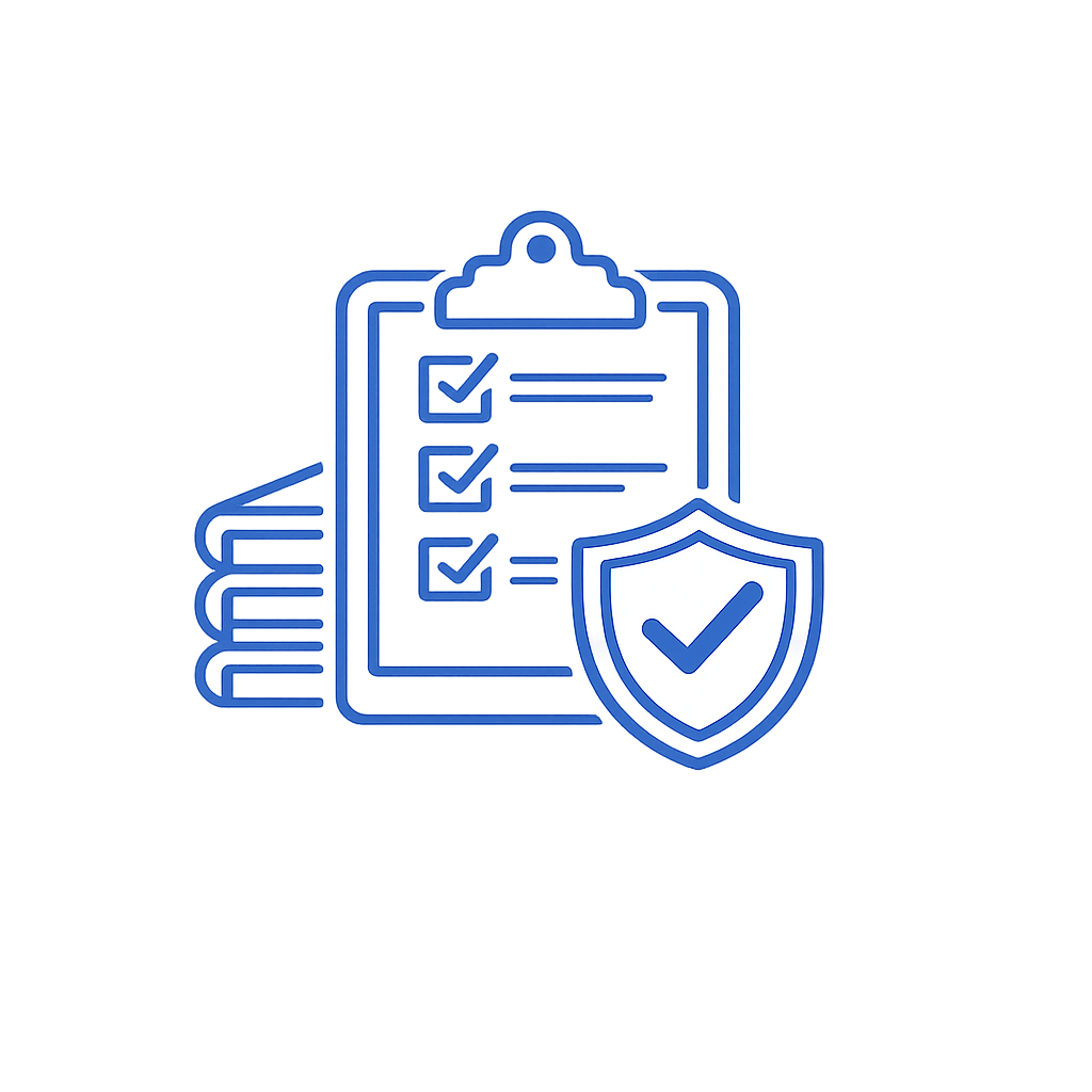 Blue icon of a clipboard with checkmarks, a stack of books behind it, and a shield with a checkmark in front, symbolizing security and verification.