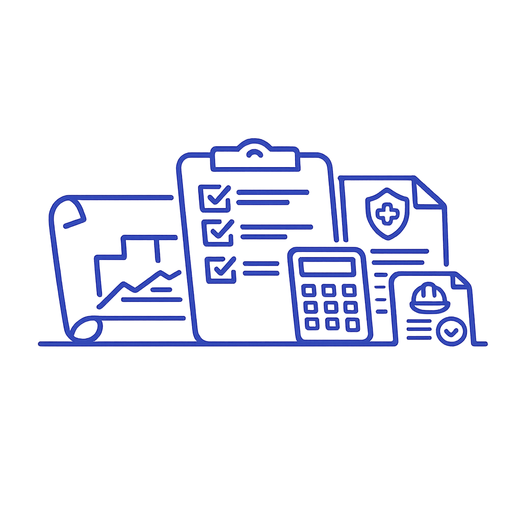 Line drawing of medical and financial documents, including graphs, checklists, a calculator, and health-related icons.