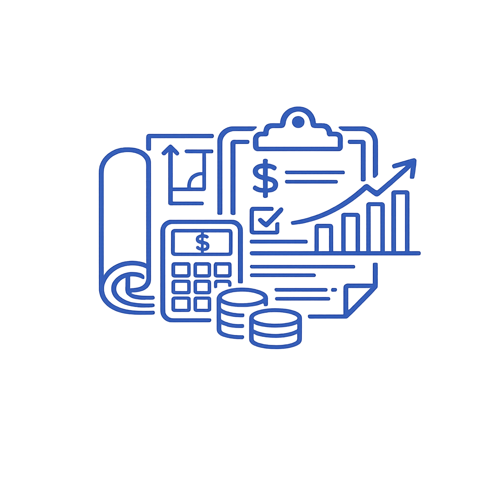 Financial planning and analysis icon with graphs, coins, calculator, and documents.