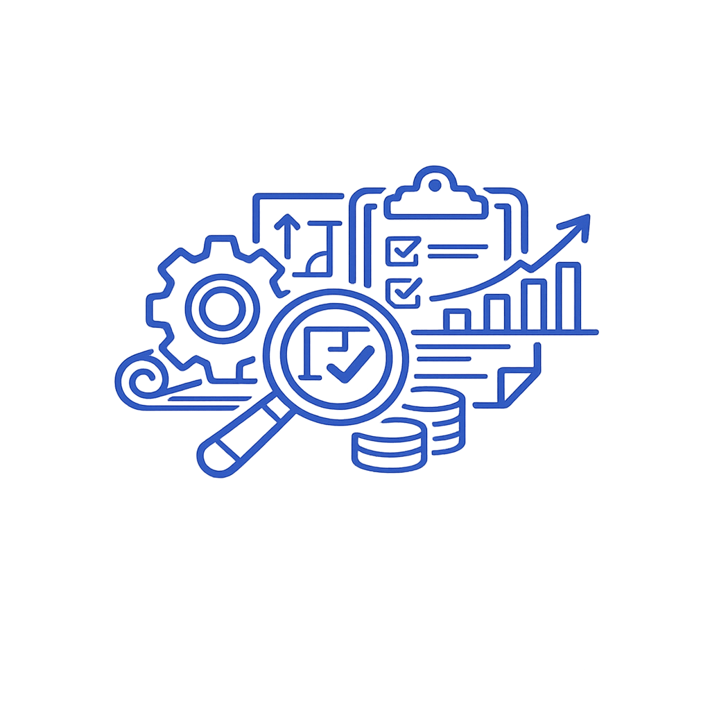 Digital illustration of business analysis and growth, featuring a magnifying glass, gear, checklist, upward trending graph, and coins, depicted in blue outlines.