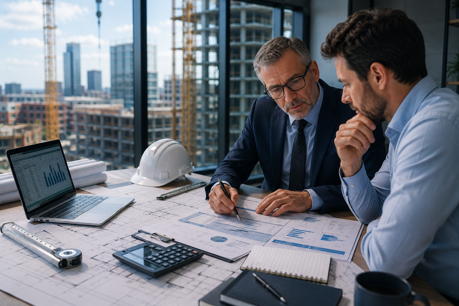 Two businessmen discussing blueprints and documents in a high-rise office with a cityscape view.