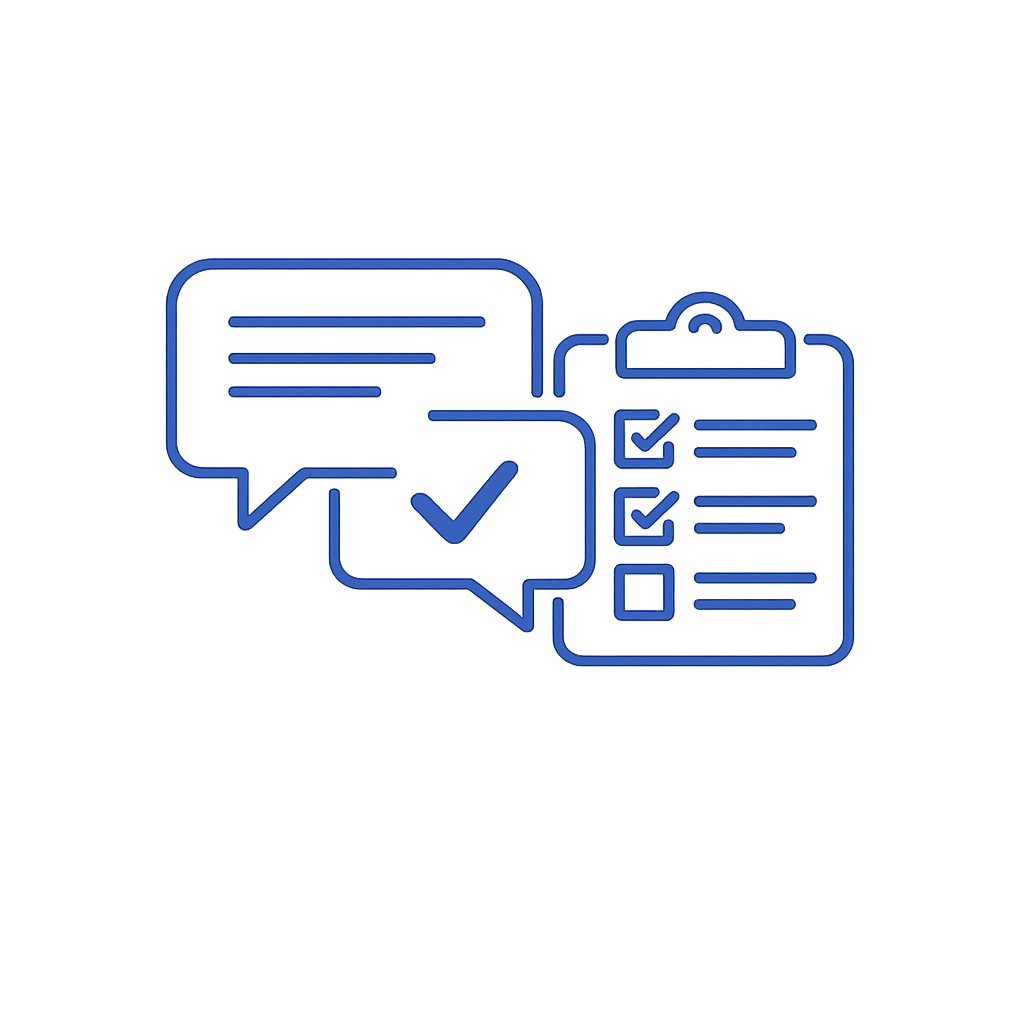 Blue digital icons representing chat bubbles with checkmarks and a checklist on a clipboard.