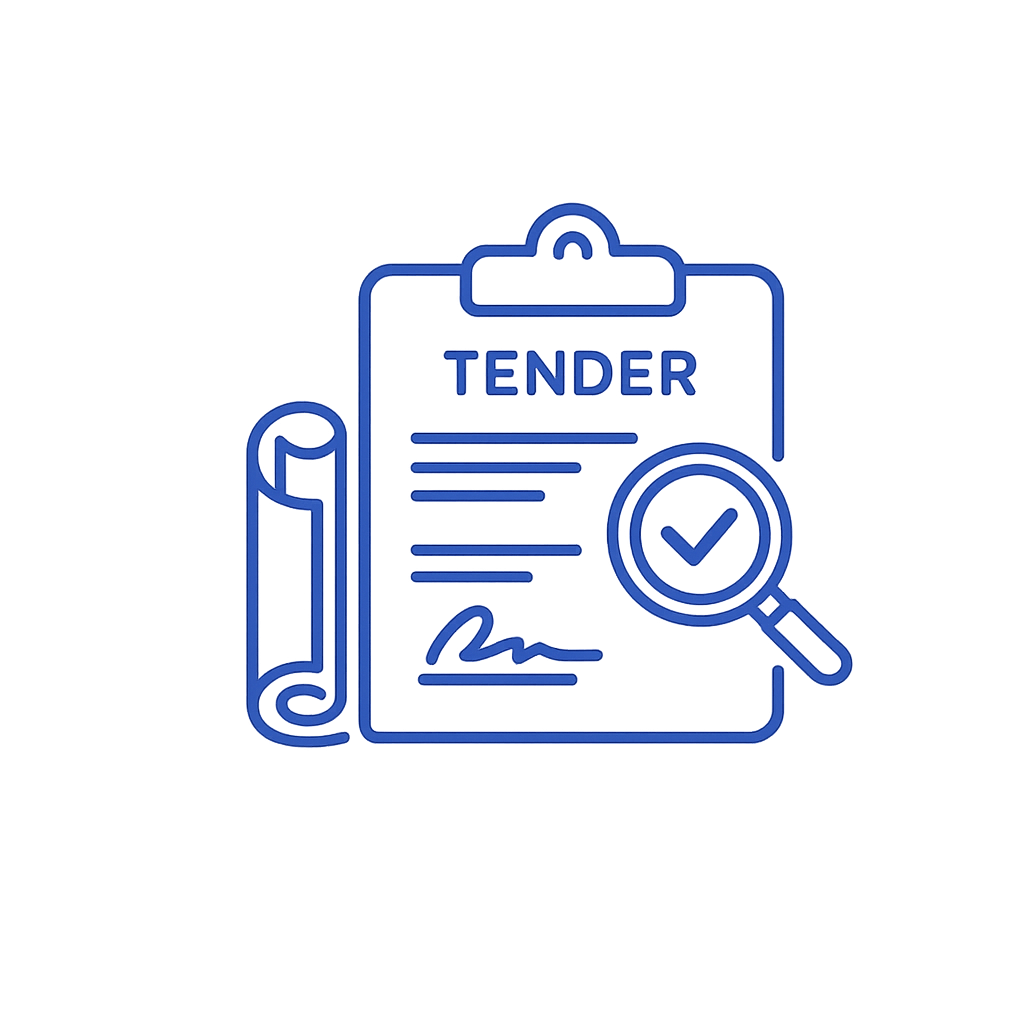 A digital icon of a tender contract with a magnifying glass showing a checkmark, featuring a rolled-up document on the left side.