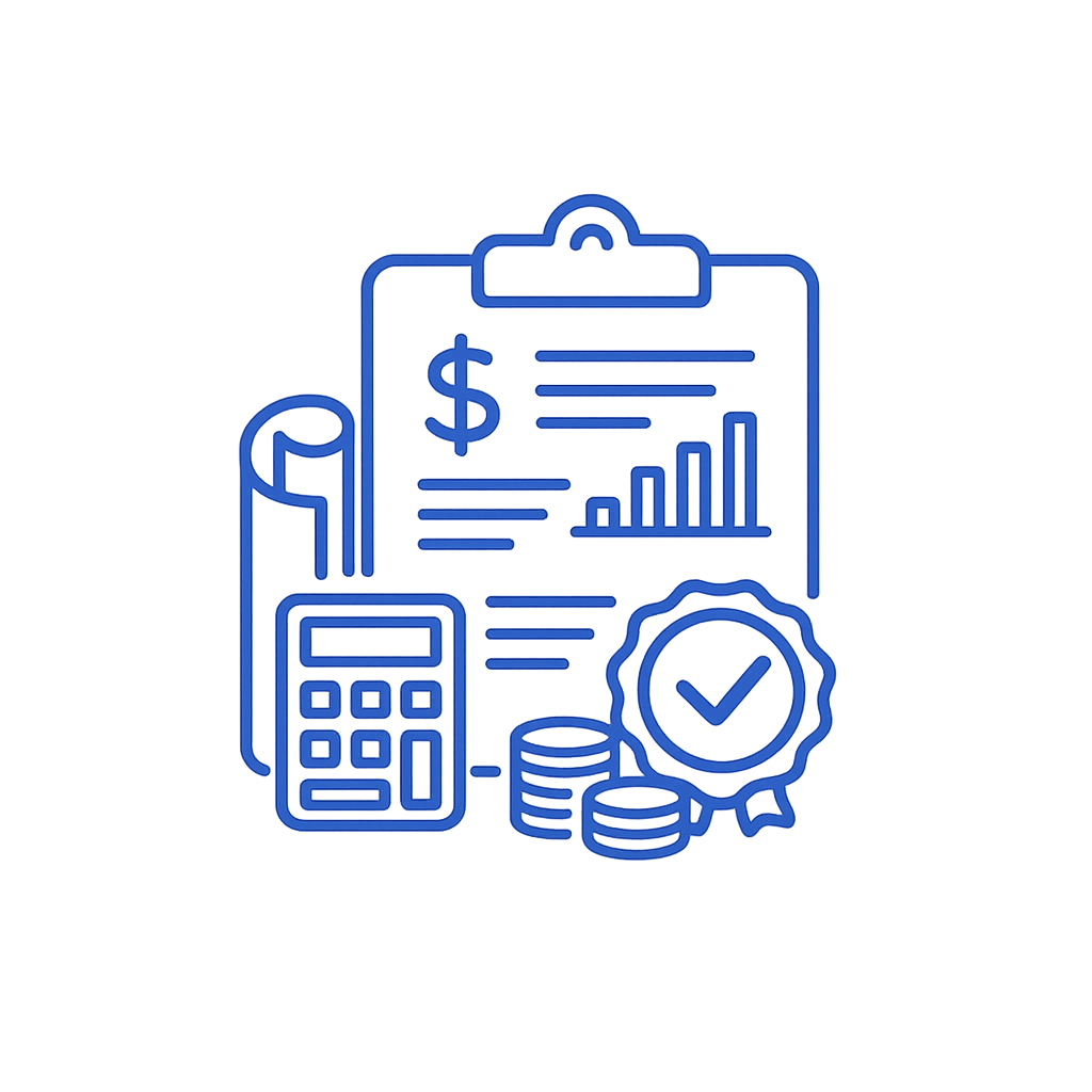 Blue financial illustration with documents, a calculator, a dollar sign, coins, and a badge with a checkmark.