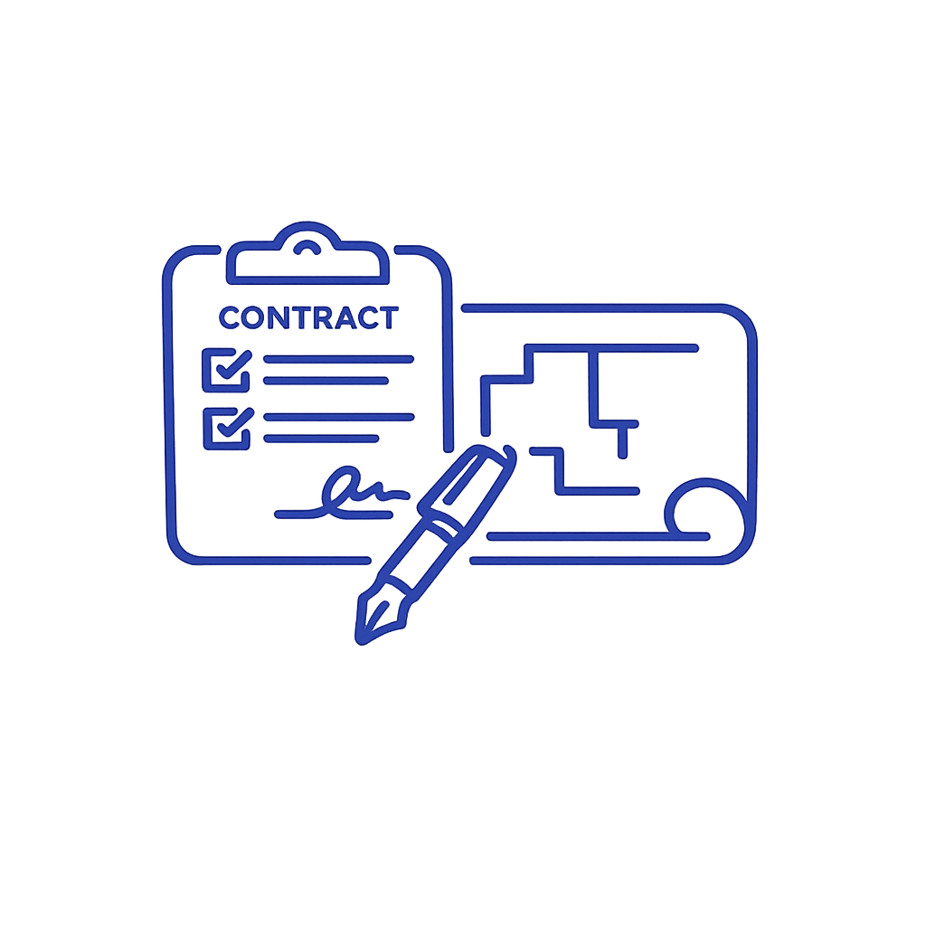 A blue transparent icon of a contract with checkmarks, a signature, a pen, and a sketch of a floor plan.