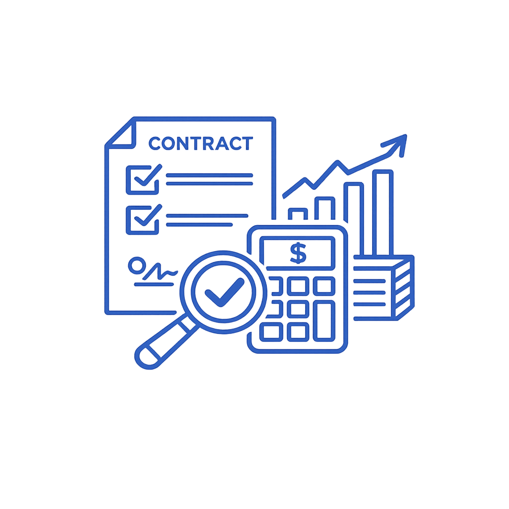 Illustration of a financial contract with checkmarks, a magnifying glass, a calculator, and upward trending graph bars.