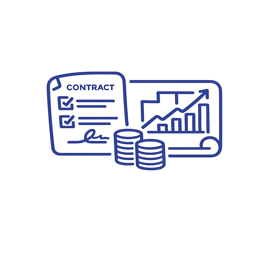 Illustration of a contract, coins, and a financial chart with an upward trend, symbolizing business and financial growth.