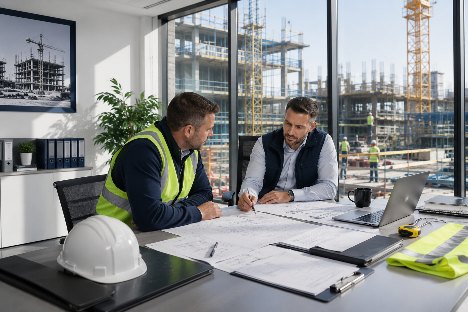 Two men in discussion at a construction site office, reviewing blueprints. One man wears a yellow safety vest, and the other wears a dark vest. The table in front of them has blueprints, a white hard hat, a laptop, and office supplies. Outside the large window, construction workers are working on a building framework.