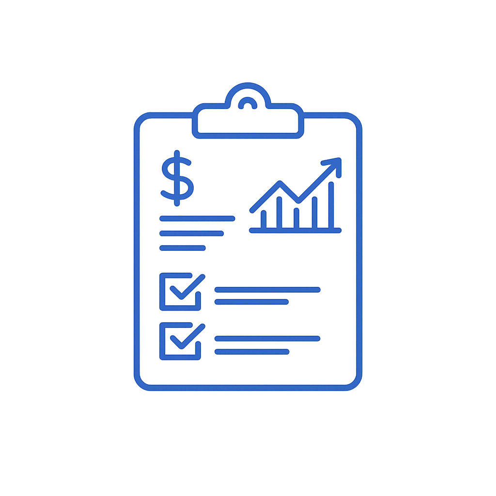 Blue financial report clipboard with a dollar sign, upward trending graph, and checklists.