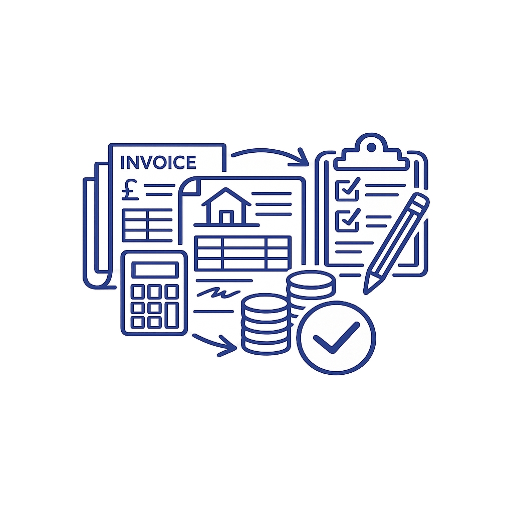 Line art illustration of financial documents, house, coins, calculator, clipboard with checklist, pen, and a checkmark symbol.