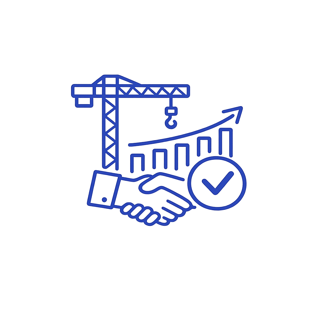 A line drawing of a construction crane, a handshake, a bar graph with an upward arrow, and a checkmark inside a circle, symbolizing successful construction or business growth.