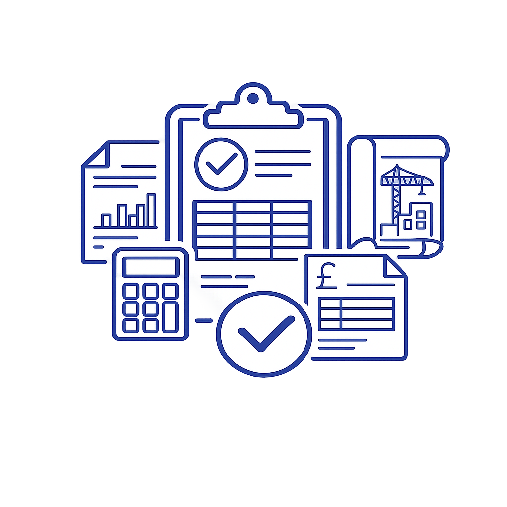 Illustration of financial and construction documents, including graphs, spreadsheets, a calculator, contracts, and a crane, representing project management and financial planning.