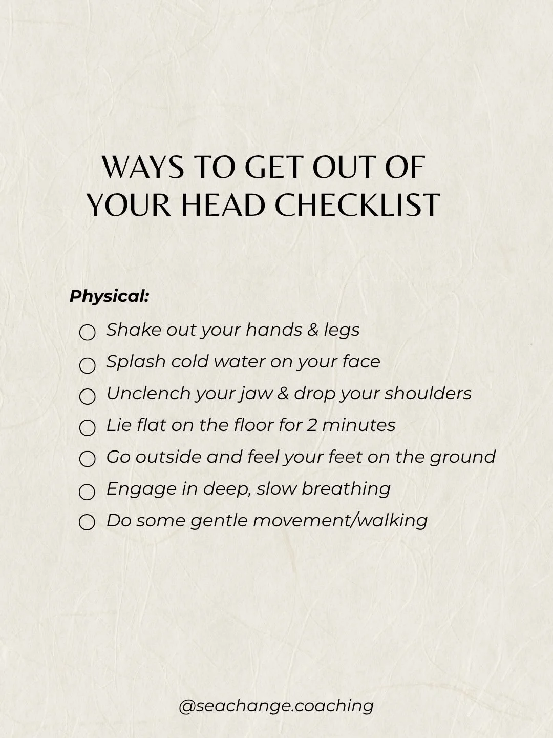 💌 send this to someone who could use some instant relief 🥲 

When you&rsquo;re stuck in your head, thinking more isn&rsquo;t the solution, it&rsquo;s THE loop. 🔁 

This is your reset:
a few simple physical shifts &amp; a few mental ones

Let go of