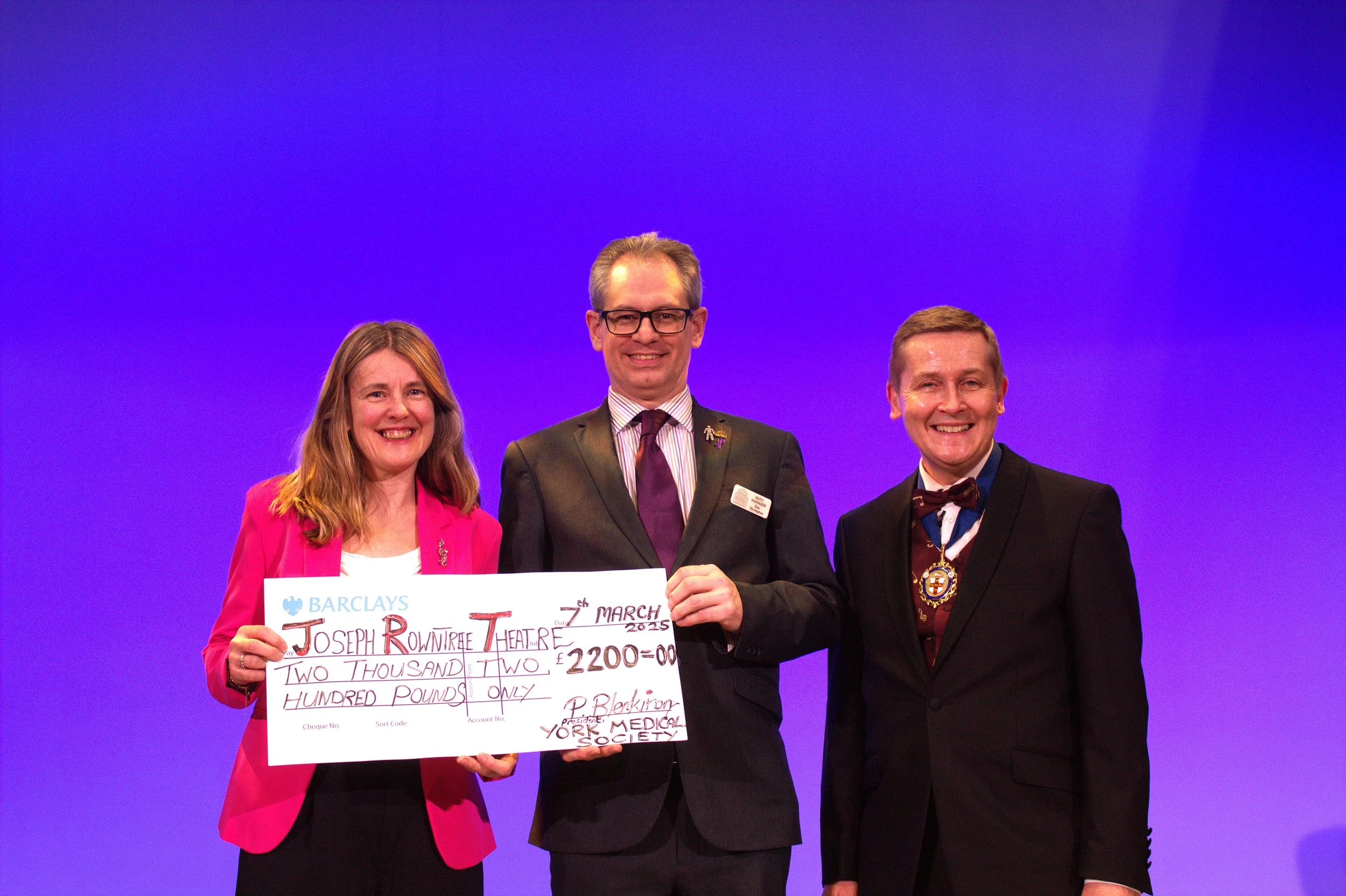 YMS President presents cheque for £2200 to Joseph Rowntree Theatre