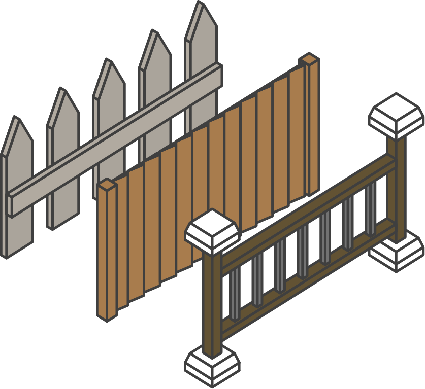 A 3D illustration of a wooden fence with a taller picket fence behind and a smaller decorative fence in the front, with stone bases on the posts. Expert landscapers and garden designers in Surrey, Hampshire, Berkshire, Camberley, London.