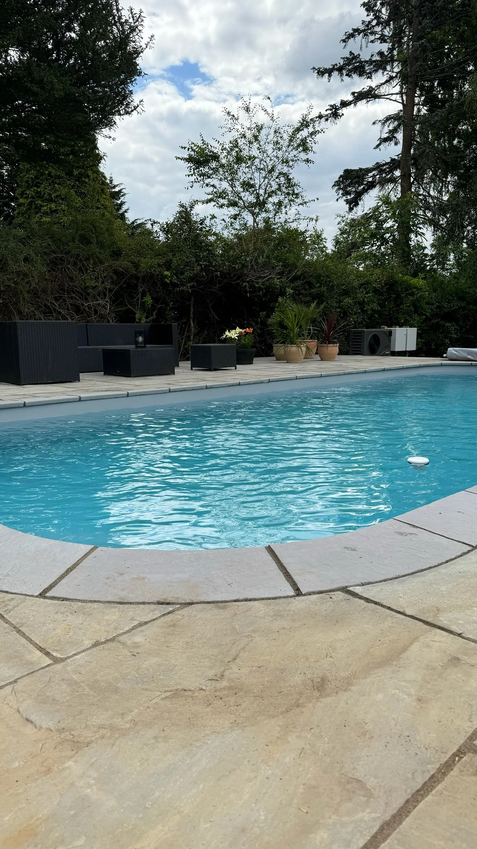 A backyard swimming pool with clear blue water, surrounded by a stone patio, and backed by lush trees and bushes. Outdoor furniture and potted plants are visible on the deck area.