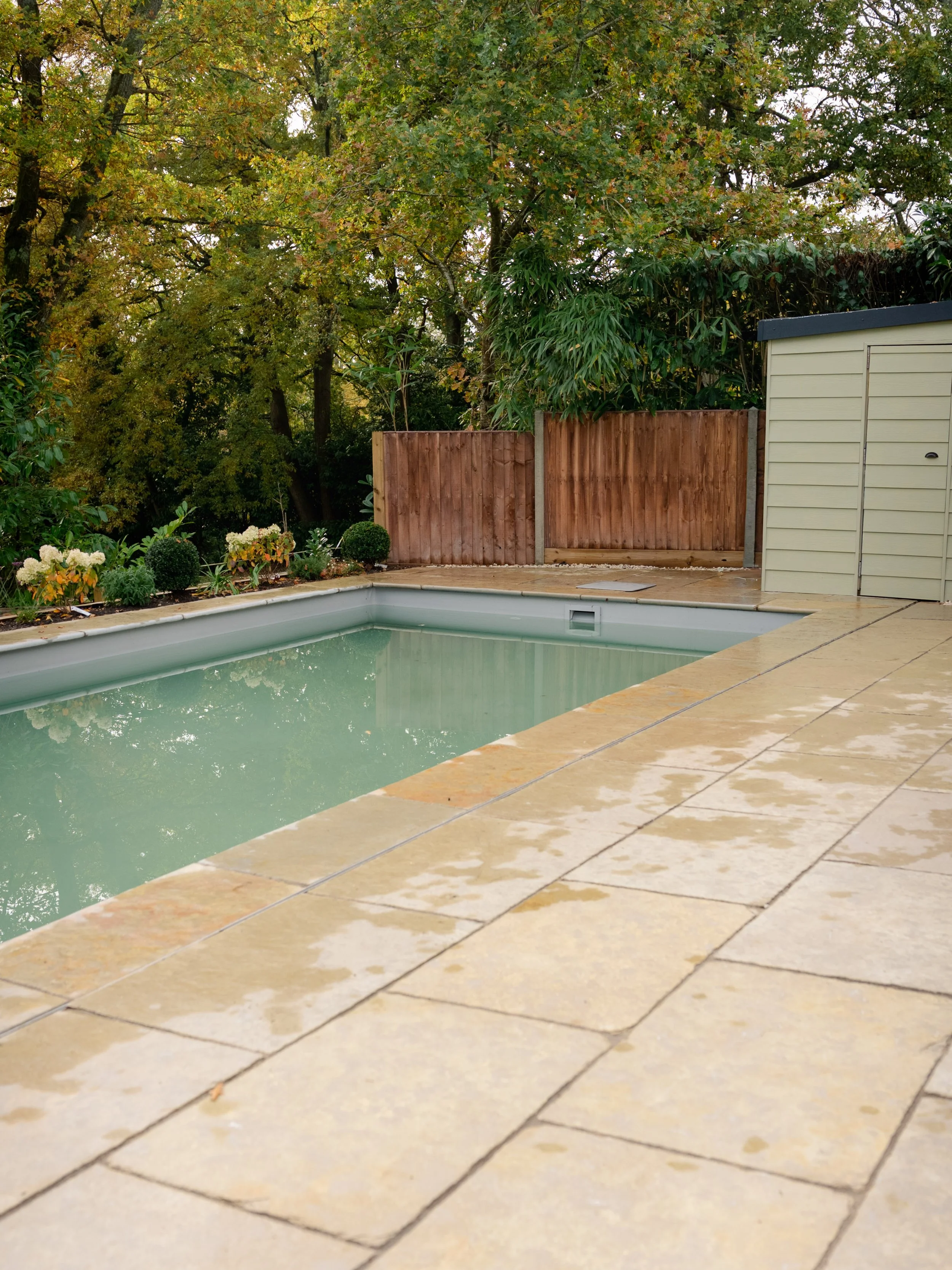 A backyard with a small covered pool, a wooden fence, and greenery including trees and bushes, with a landscaped garden area along the fence.