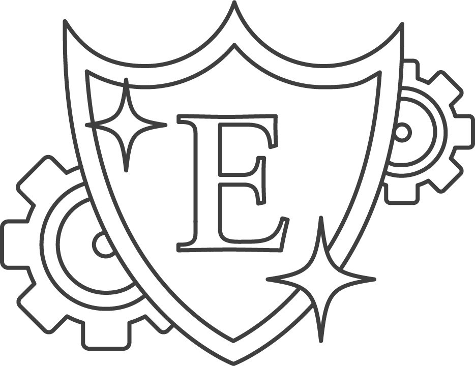 Outline of a shield with the letter E in the center, surrounded by gears and sparkle effects.