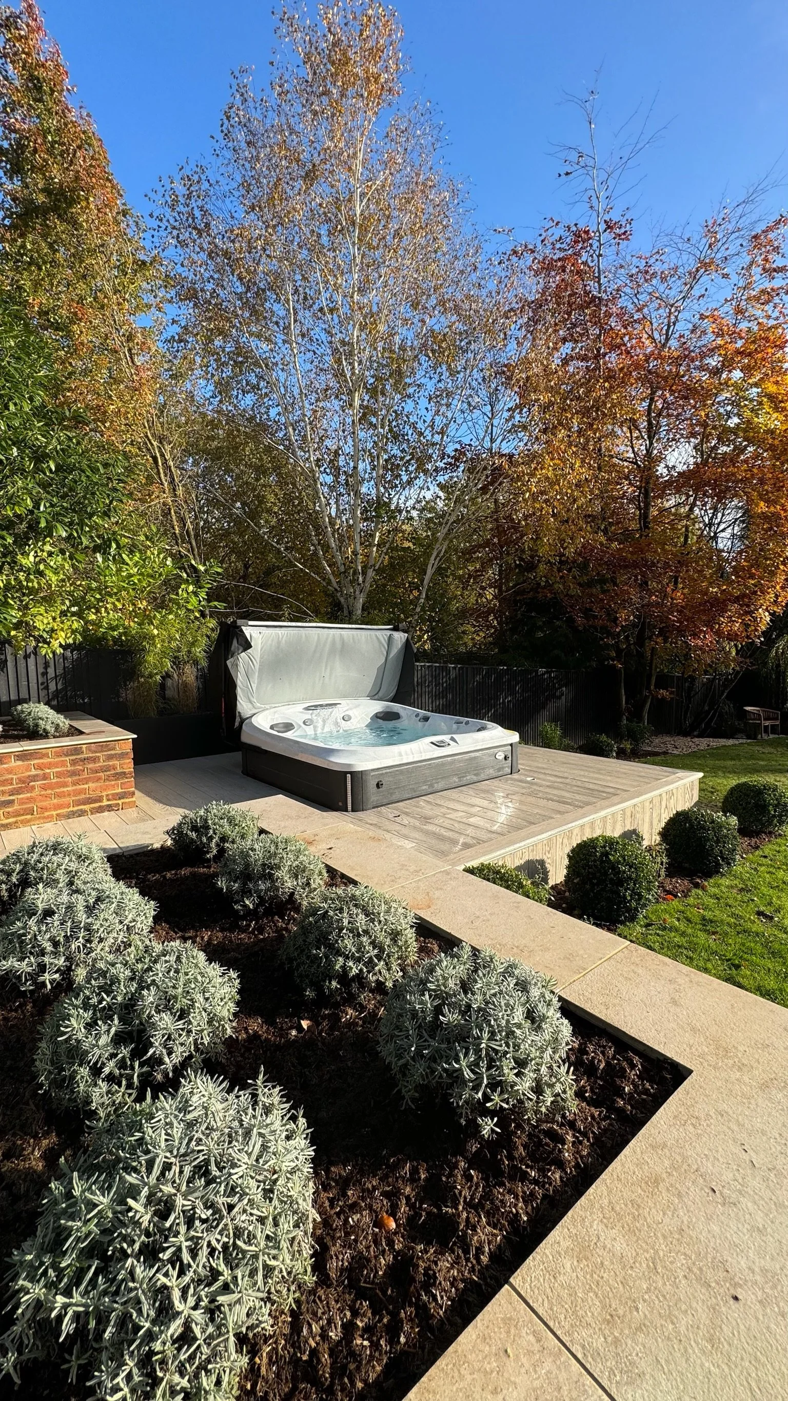 Backyard with a jacuzzi on a wooden deck, surrounded by landscaped plants and trees with autumn leaves under a clear blue sky.