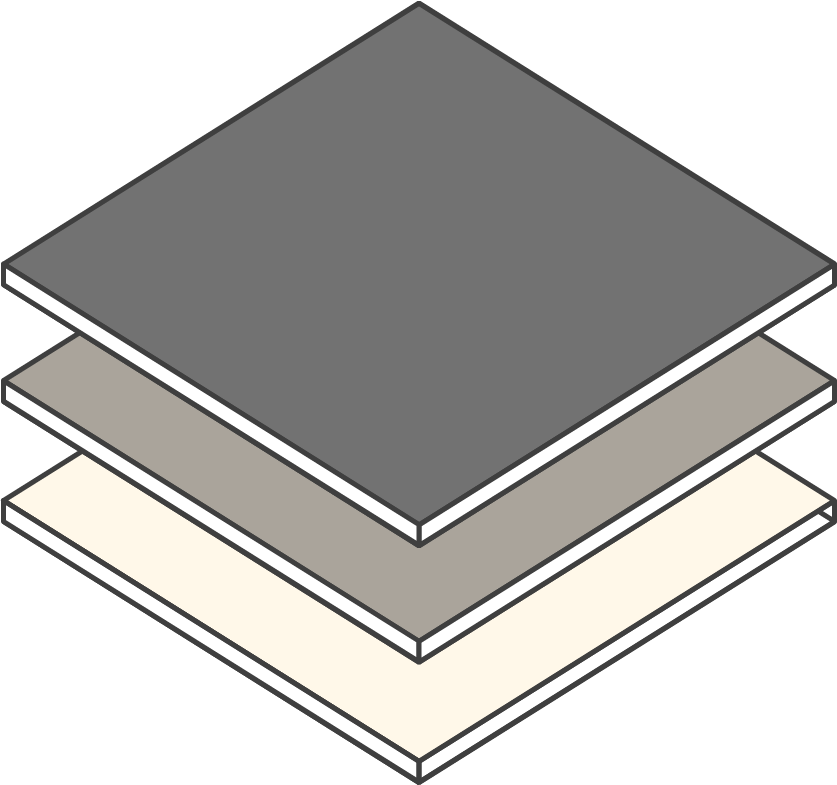 A 3D illustration of different paving materials, each of a different shade of gray or white, stacked on top of each other. Expert landscapers and garden designers in Surrey, Hampshire, Berkshire, Camberley, London and surrounding areas.