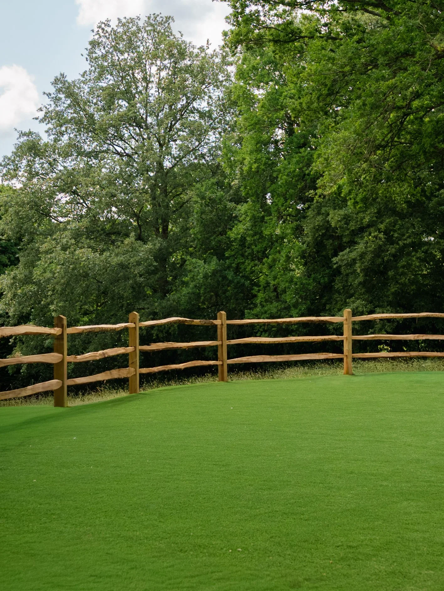 A grassy lawn with a wooden fence and lush green trees in the background under a partly cloudy sky.