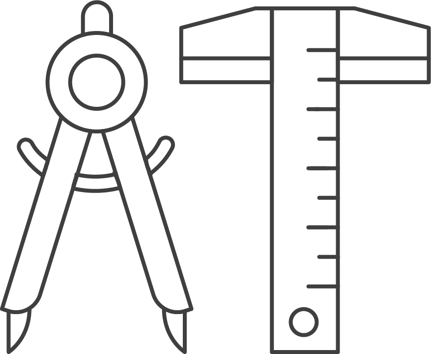 Drawing of a compass and a ruler used for technical drawing and geometry.