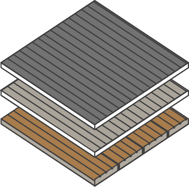 Three stacked wooden deck or flooring panels in different shades of gray and brown. Expert landscapers and garden designers in Surrey, Hampshire, Berkshire, Camberley, London and surrounding areas.