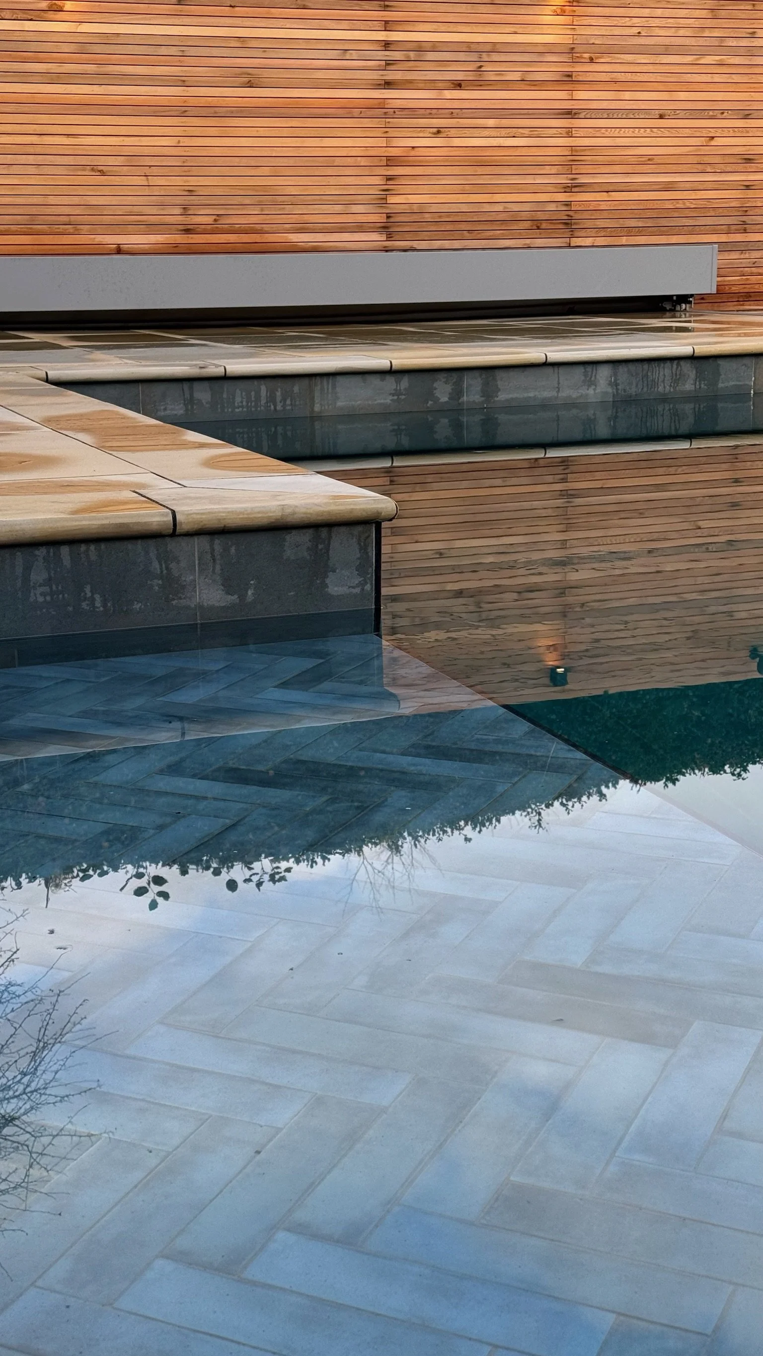 Modern outdoor pool with wooden deck and a beige tiled patio, surrounded by a wooden fence, reflecting the sky and trees in the water.