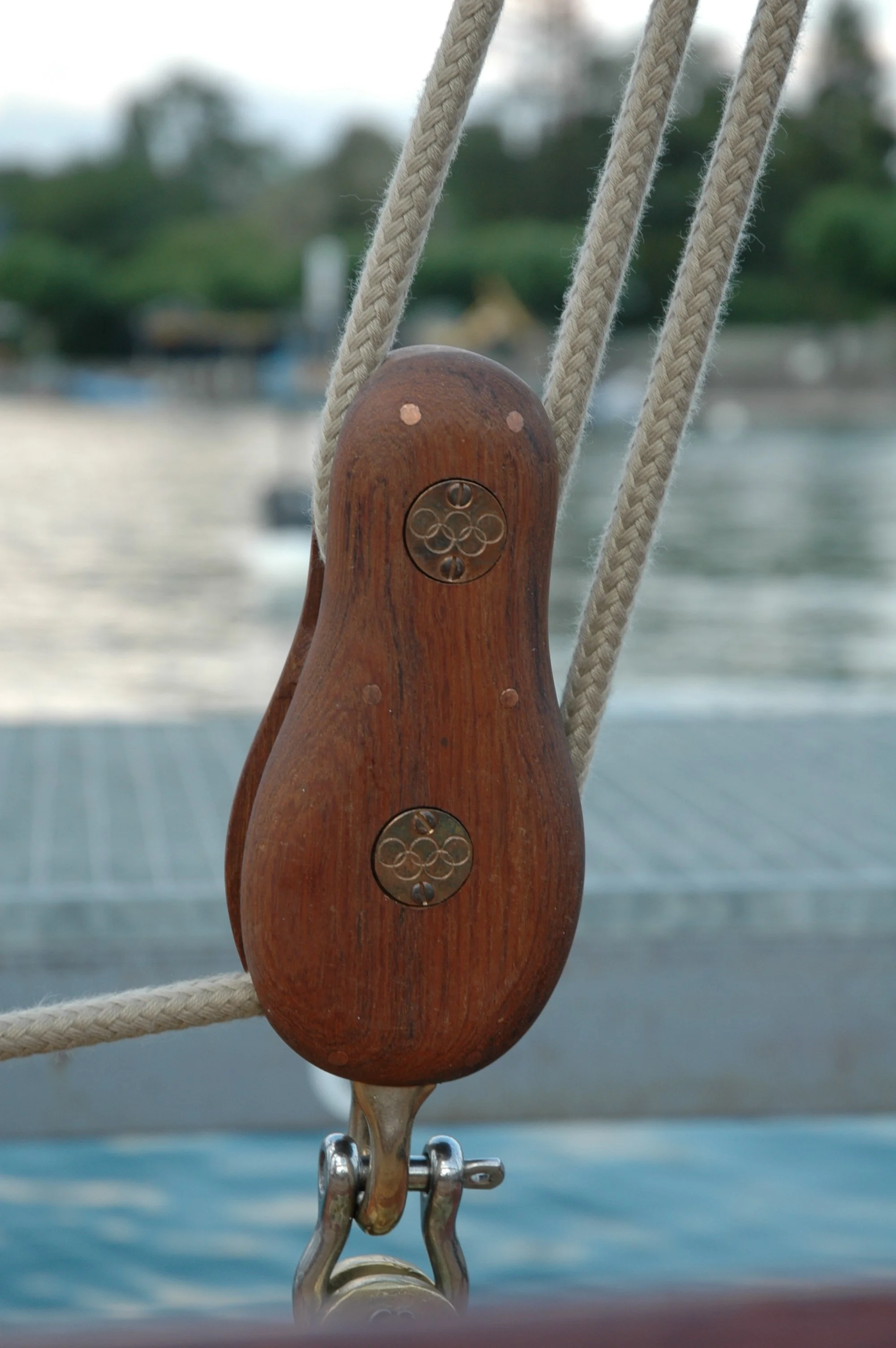 Close-up of a wooden pulley with metal components and ropes, with blurred water and shoreline in the background.