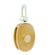 A wooden block with a metal bracket and a circular logo on the front.