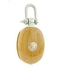 A wooden block with a metal bracket and a circular logo on the front.