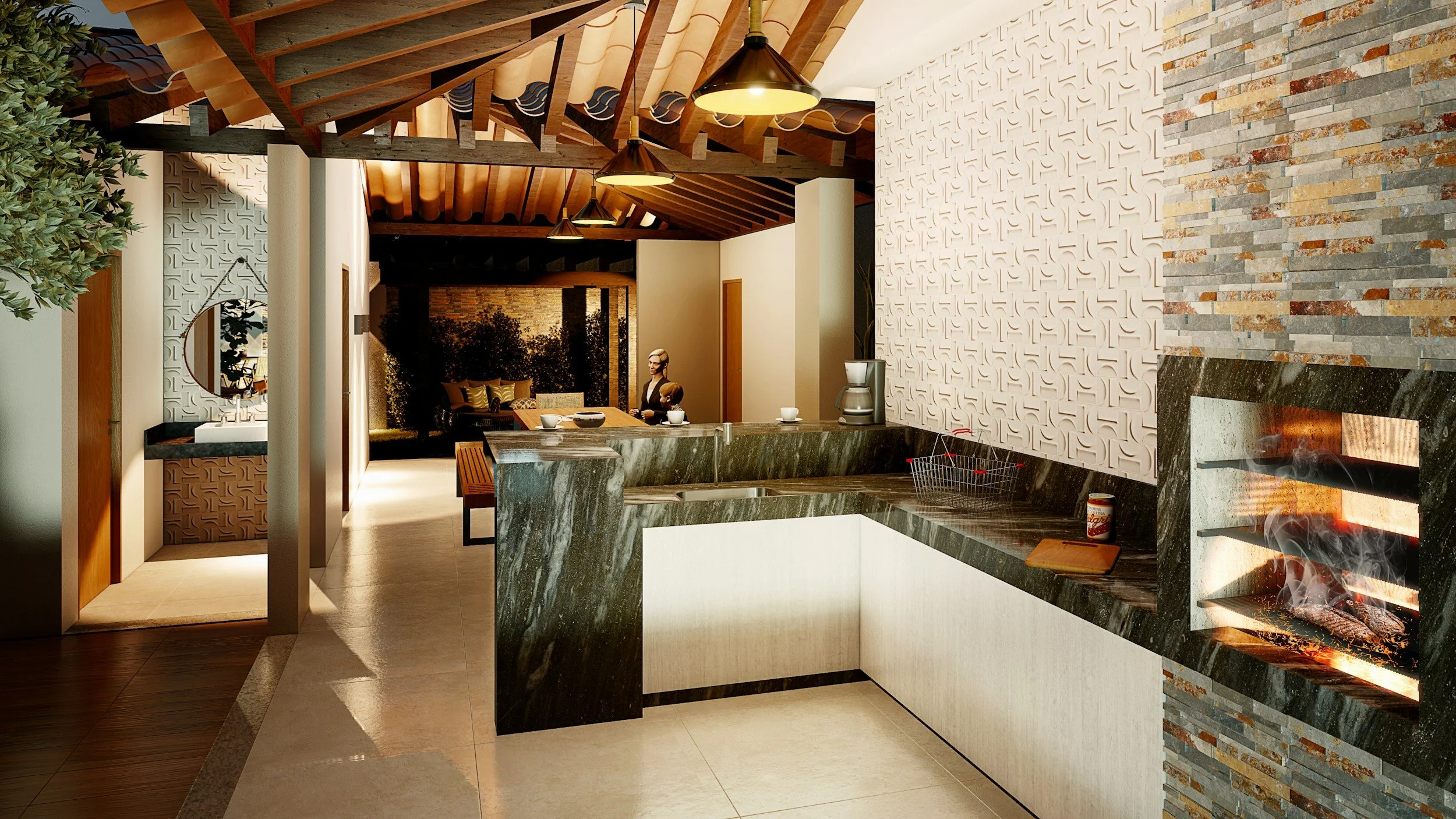 Moderne Küche mit schwarzem Marmor, offener Kamin und dekorativen Wandflächen, im Hintergrund ein Wohnzimmer mit Sitzbereich und Skulptur.