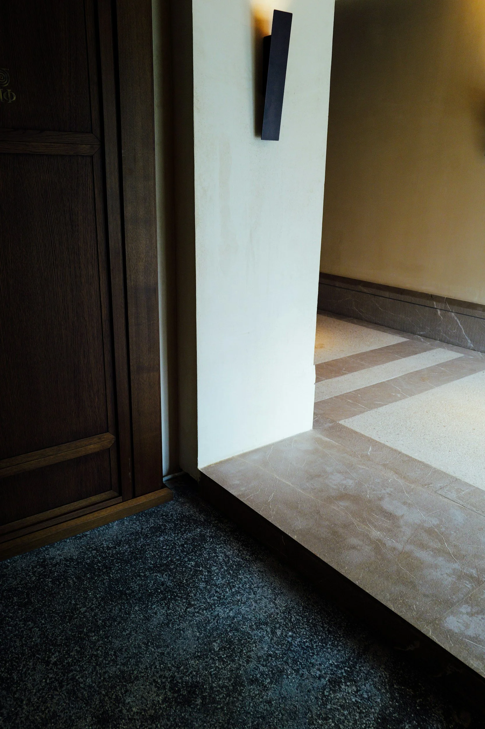 Ein Eingangsbereich mit dunklem Teppichboden, einer weißen Wand, einer dunkelbraunen Holzvertäfelung und einem abgestuften Keramikboden in Beige- und Brauntönen. An der Wand hängt eine schwarze, schräg angebrachte Wandlampe.