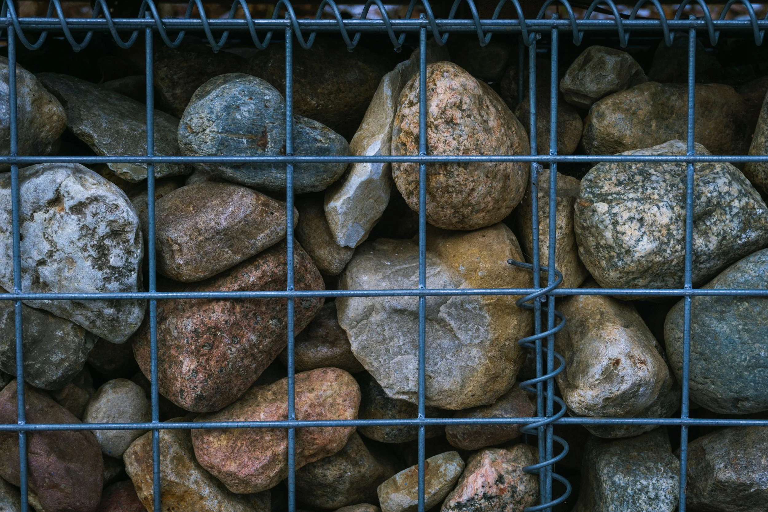 Gartenvorgarten mit großen Steinen und einem Drahtzaun im Vordergrund.