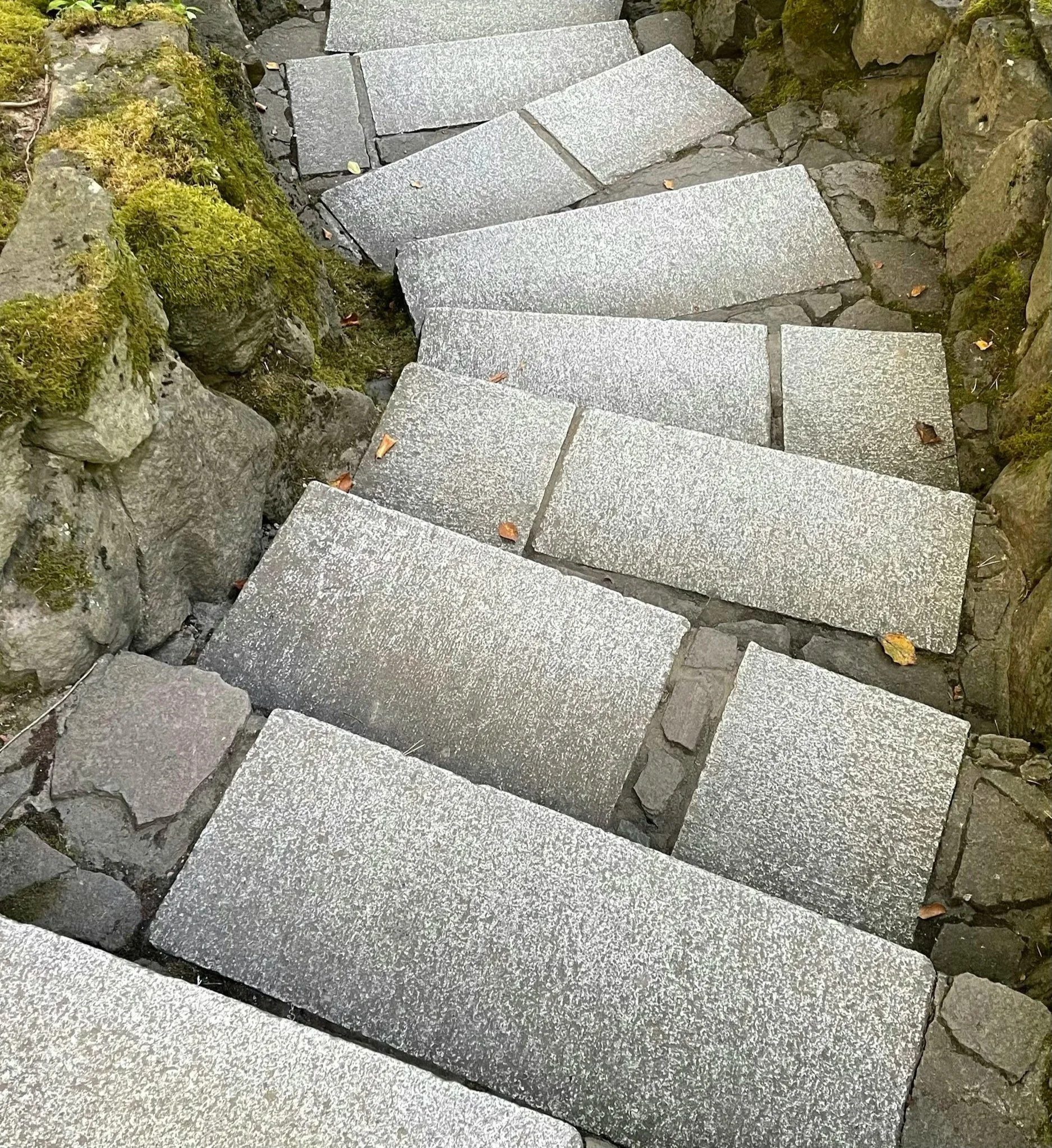 Steinpflasterweg mit mossbedecktem Mauer an der Seite.