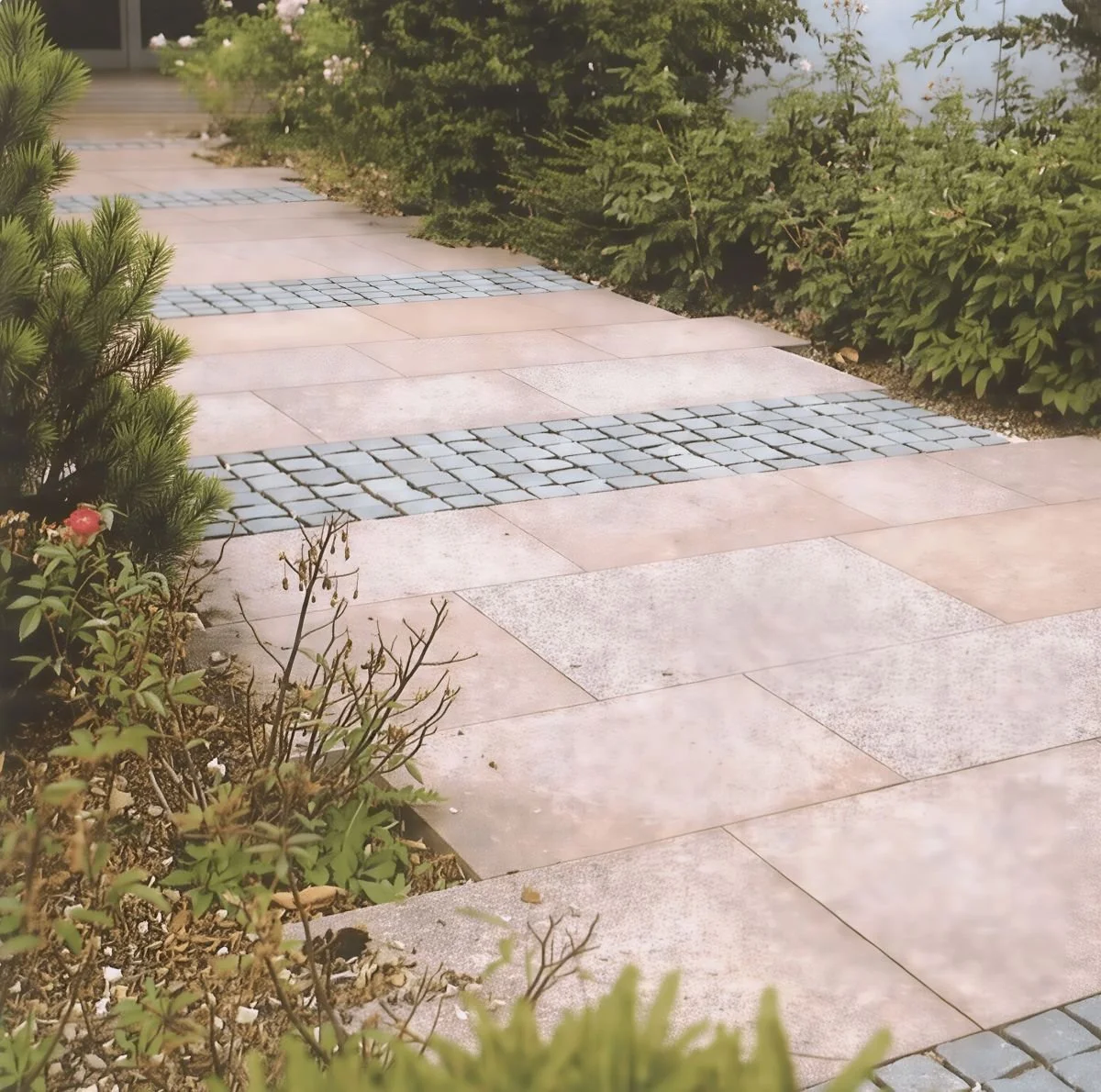 Ein gepflasterter Weg mit großen rechteckigen Fliesen und schmalen Streifen aus kleinen grauen Pflastersteinen, umgeben von Grünpflanzen und Büschen.