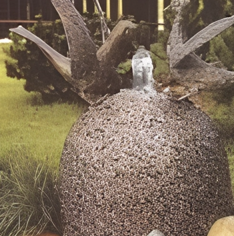 Dekorativer Wasserbrunnen mit einer großen, rundlichen, steinernen Basis und einer kleinen Wasserausgabe an der Spitze, umgeben von Baumstämmen und Naturgrün.