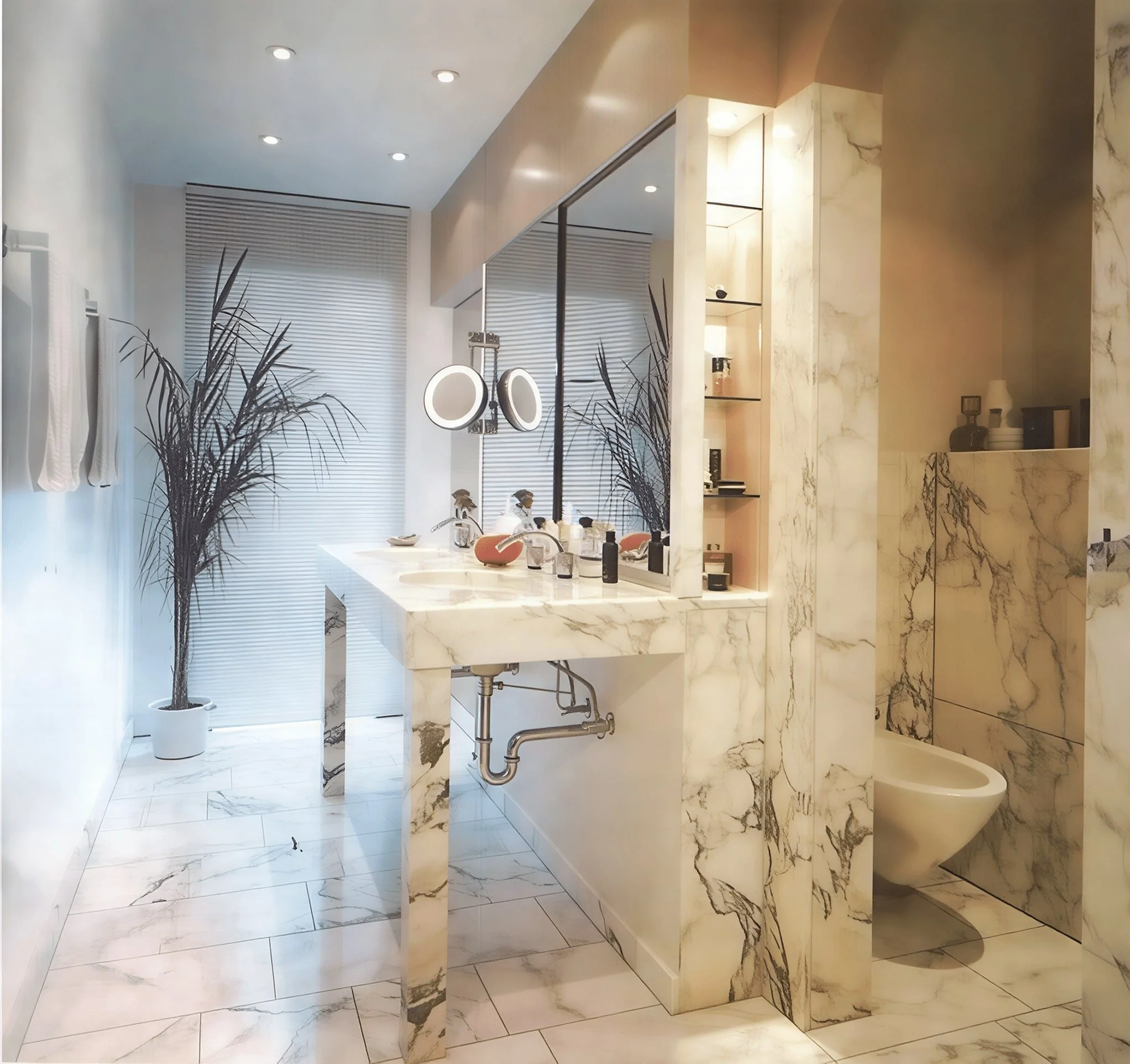 Moderne Badezimmer mit weißen Marmorflächen, Doppelwaschbecken, großen Spiegel, zwei schwarze Pflanzen, einem beleuchteten Schrank, Waschbecken, Toilettenschüssel, Handtüchern und Gegenständen auf der Ablage.