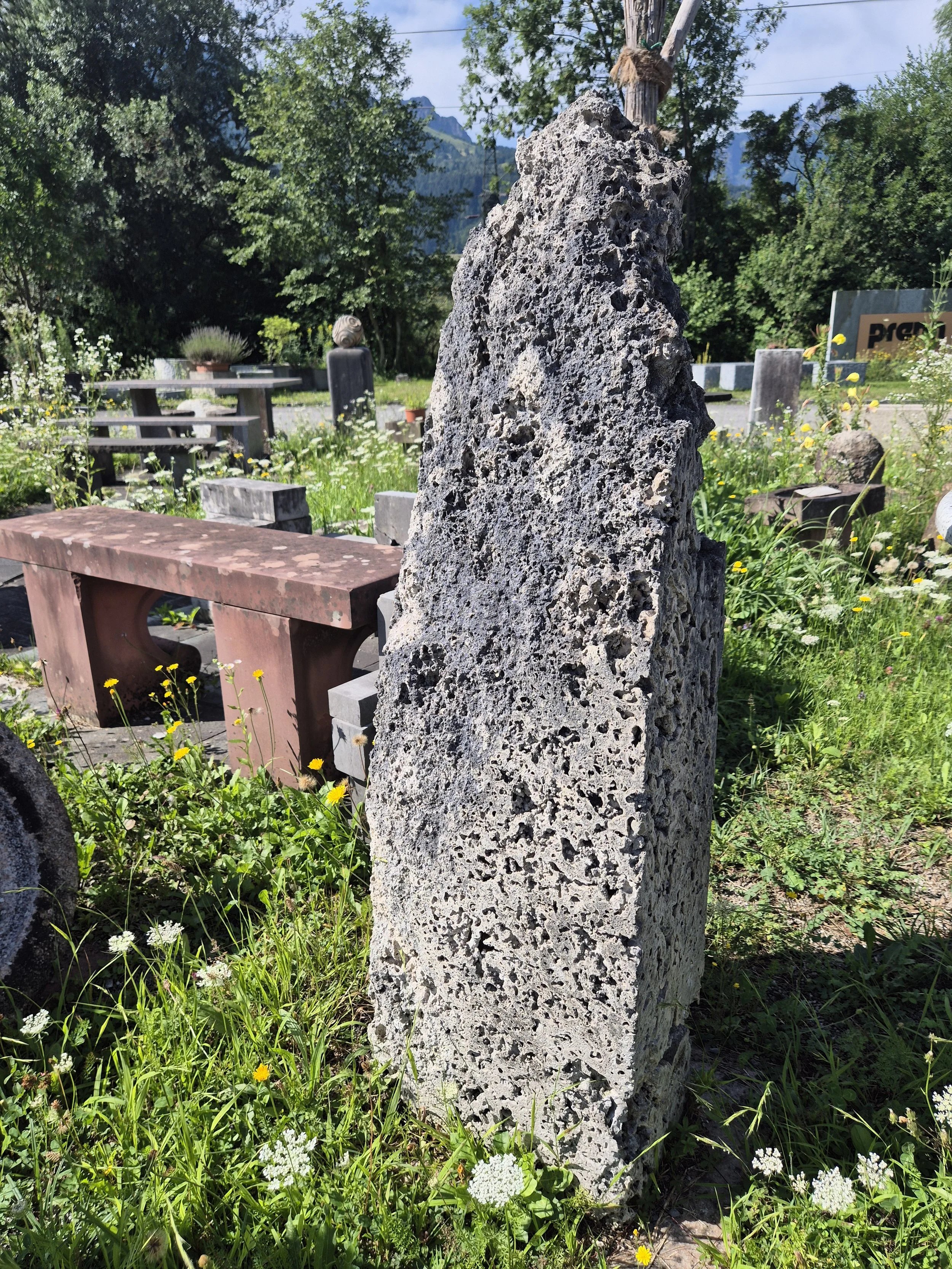 Ein unregelmäßig geformter, poröser Stein im Garten, umgeben von gras und kleinen Blumen, mit Bäumen und weiteren Steinen im Hintergrund.