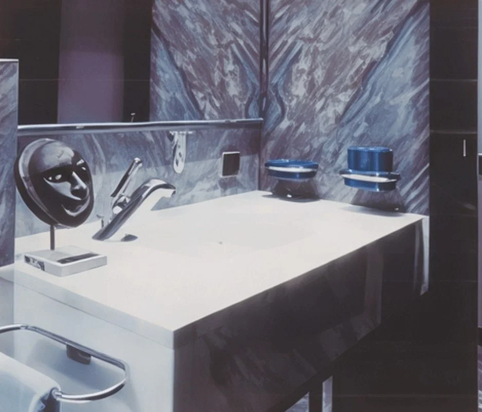 Ein Waschbecken in einem Badezimmer mit blauer Marmorwand und mehreren Gegenständen, darunter eine Maske mit einer lachenden Gesicht, schimmernde blaue Schalen und ein Spiegel.