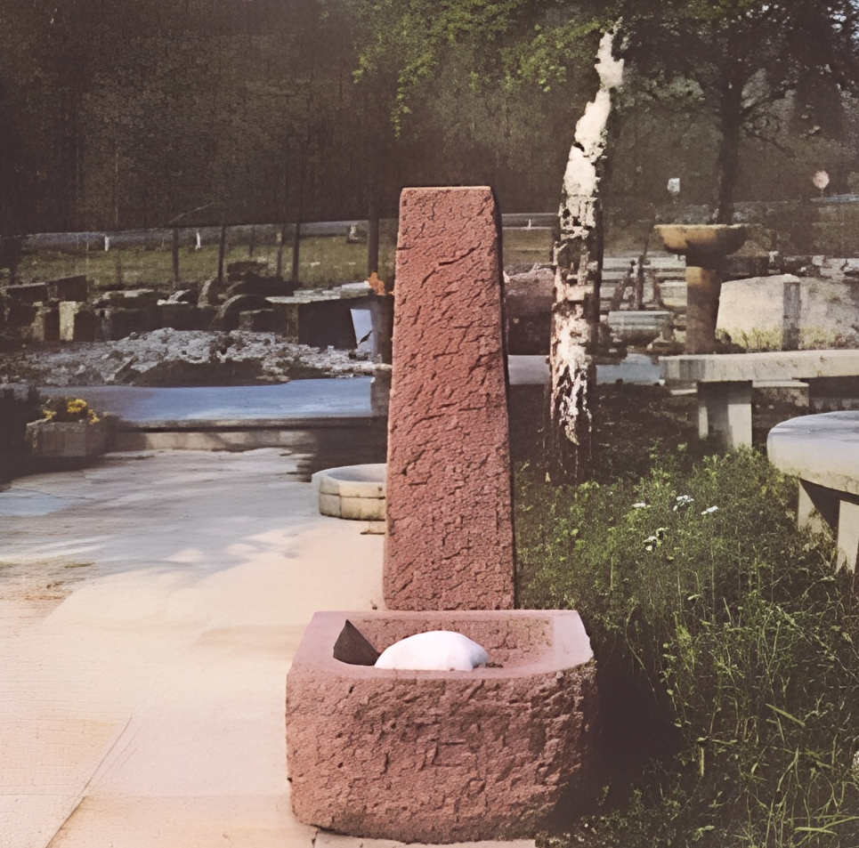 Steinerne Brunnen in einem Garten mit Bäumen und Pflanzen, einige Steine liegen auf dem Boden.