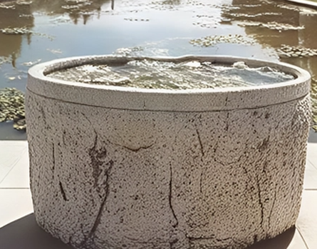 Großer, runder Steinbrunnen mit Wasser und Pflanzen im Hintergrund.