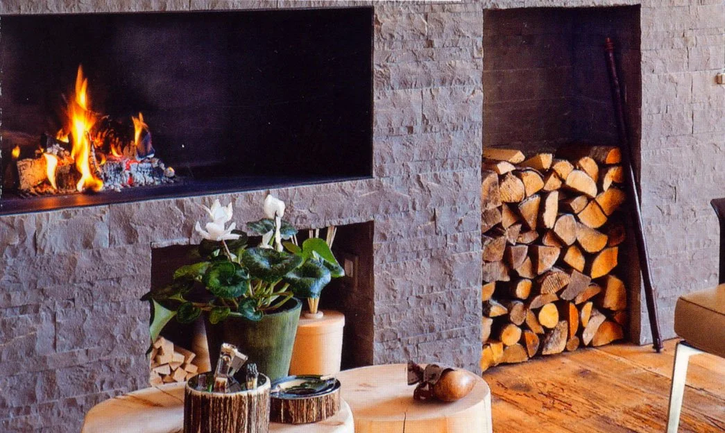 Ein Kamin mit Flammen, Holzvorrat, eine Pflanze in einem Topf und einige Dekorationsgegenstände in einem modernen Wohnzimmer.