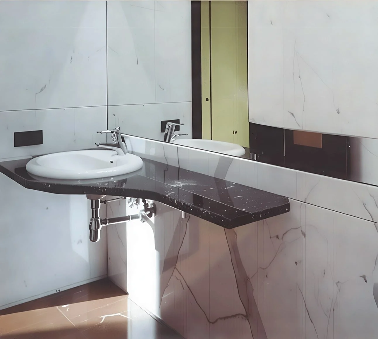 Waschbecken mit schwarzer Marmorplatte an einer weißen Wand mit Spiegel, im Hintergrund eine Tür.