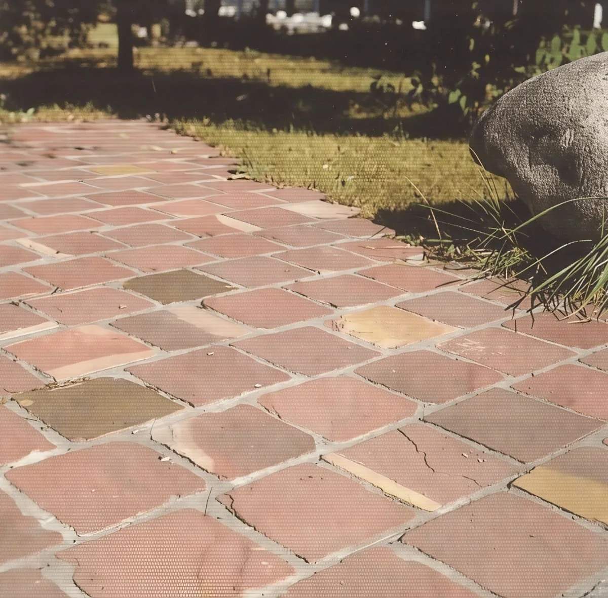 Nahaufnahme eines Gehwegs mit braunen Fliesen und einigen Rissen, im Hintergrund Gras und ein großer Stein.
