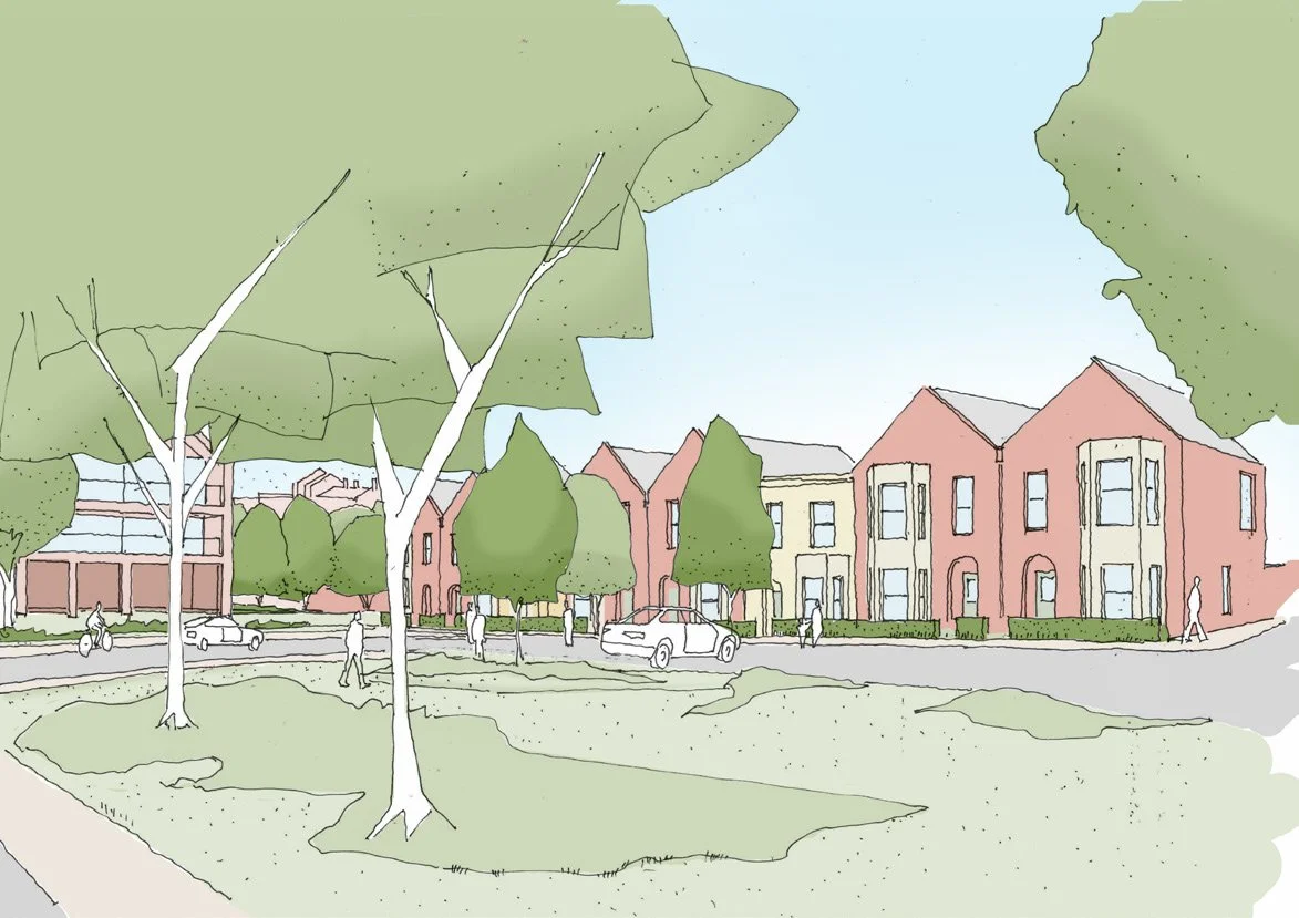 Illustration of the proposals looking from the proposed entrance to the site to the north from Sandhurst Road