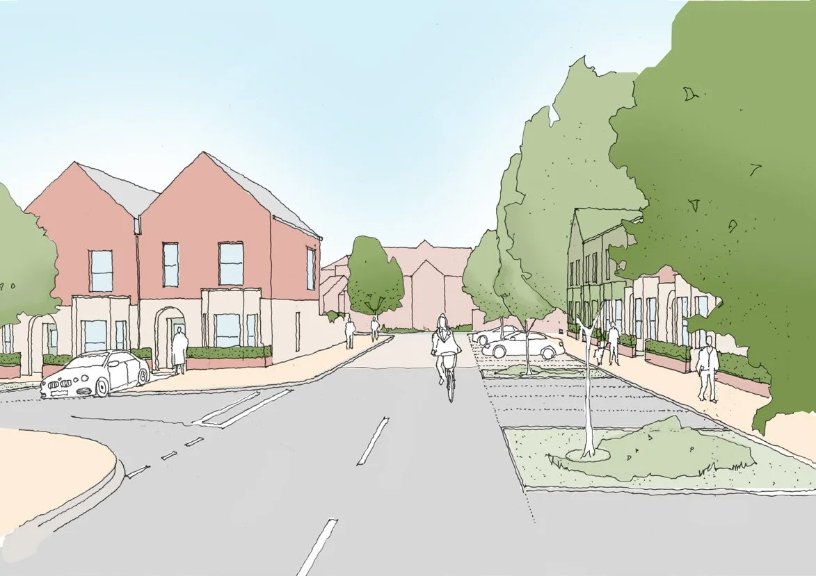 Illustration of the proposals looking down one of the interior site roads