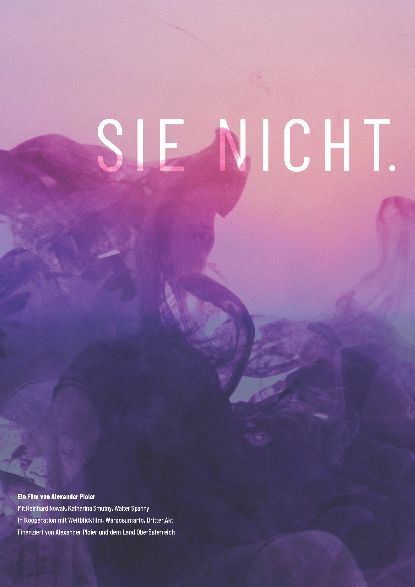 A promotional poster for a film featuring a purple and pink smoky background with a silhouette of a woman, overlaid with German text and credits.