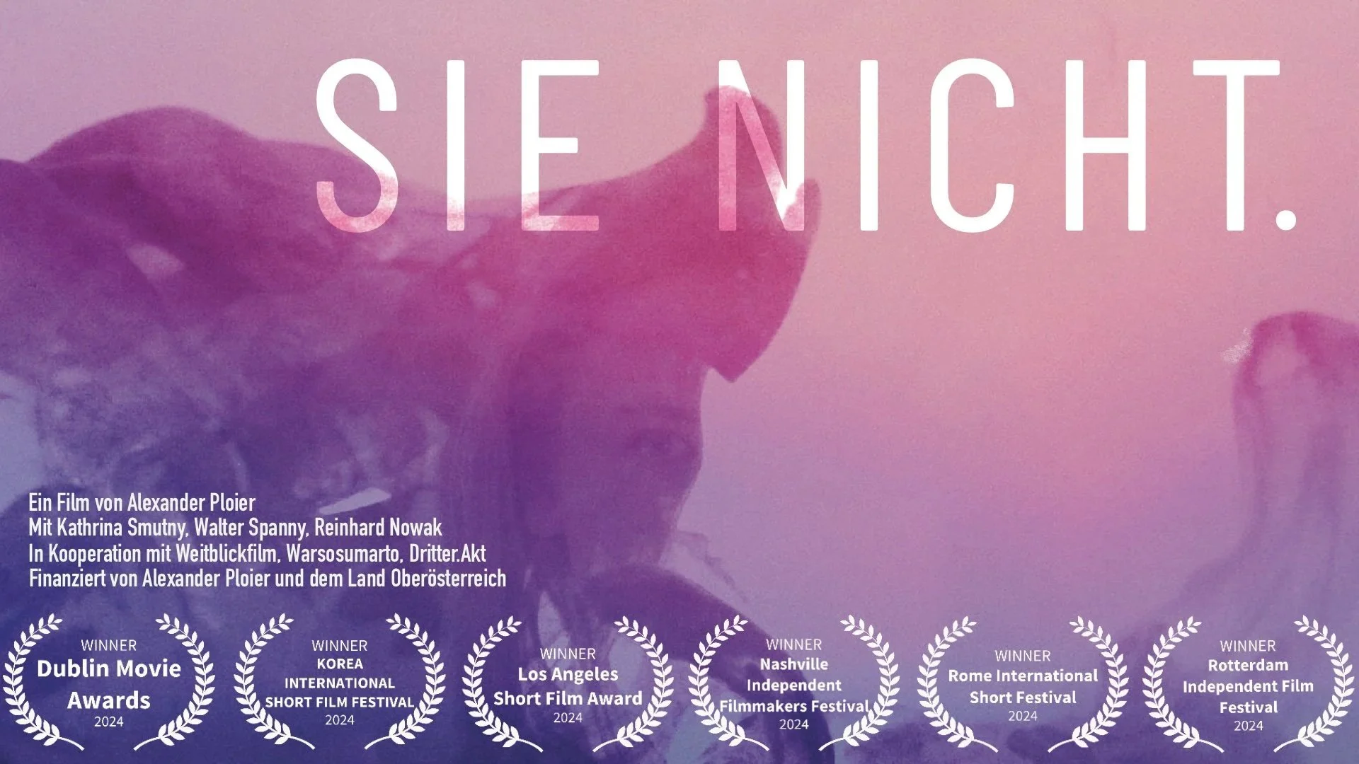 A movie poster for 'Sie Noch' featuring a pink and purple background with silhouettes of two people, including a woman with curly hair and a man with glasses. The poster includes text about the film's creation team and awards, with laurels indicating various film festival wins, such as Dublin Movie Awards, Korea International Short Film Festival, Los Angeles Short Film Award, Nashville Independent Filmmakers Festival, Rome International Short Festival, and Rotterdam Independent Film Festival in 2024.