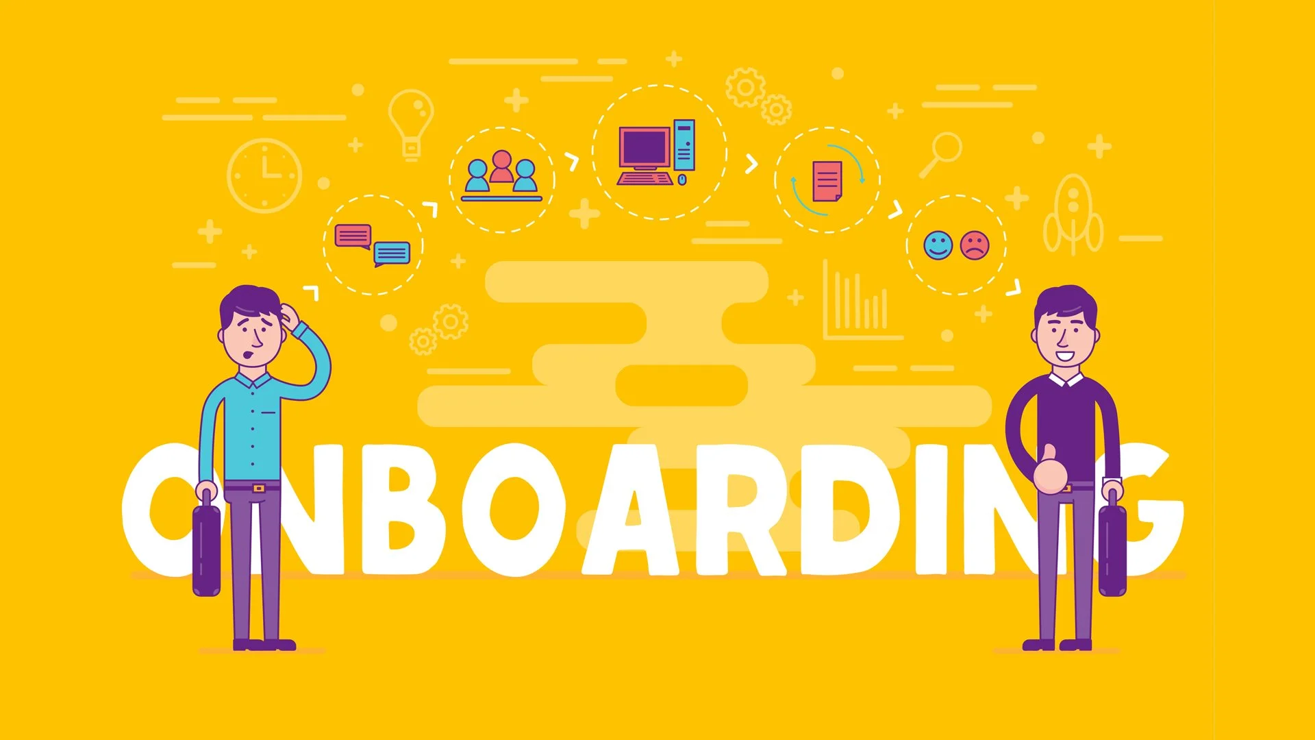 Illustrated onboarding screen showing two employees and icons representing communication, digital tools, team collaboration, and performance tracking.